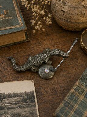 Alligator Golf Figurine With Crystal Accent Metallic Finish Unique Desk Gift